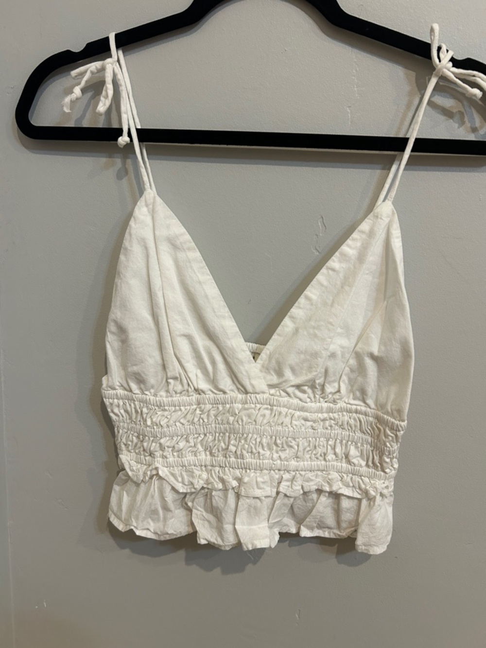 White Tie-Strap Smocked Ruffle Crop Top
